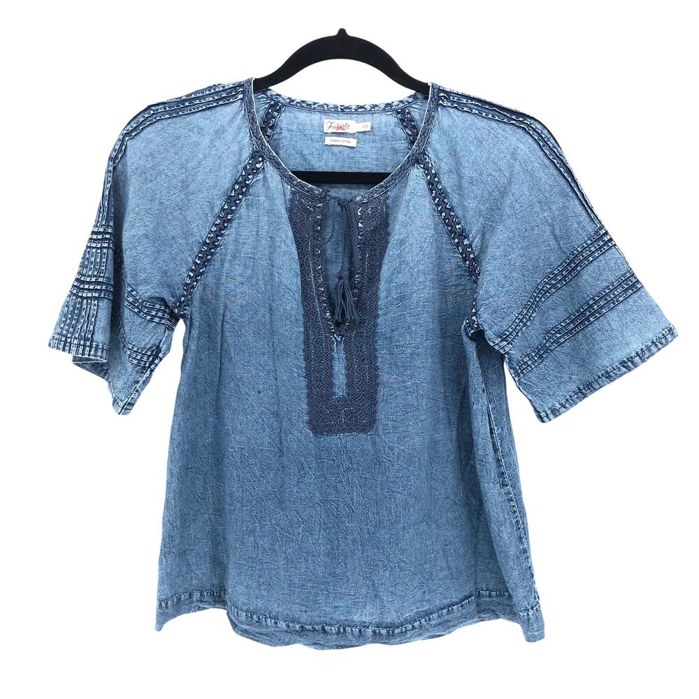 Faherty Blouse Top Sz S Organic Cotton Shirt Blue Pintuck Tassel Embroiderd Boho